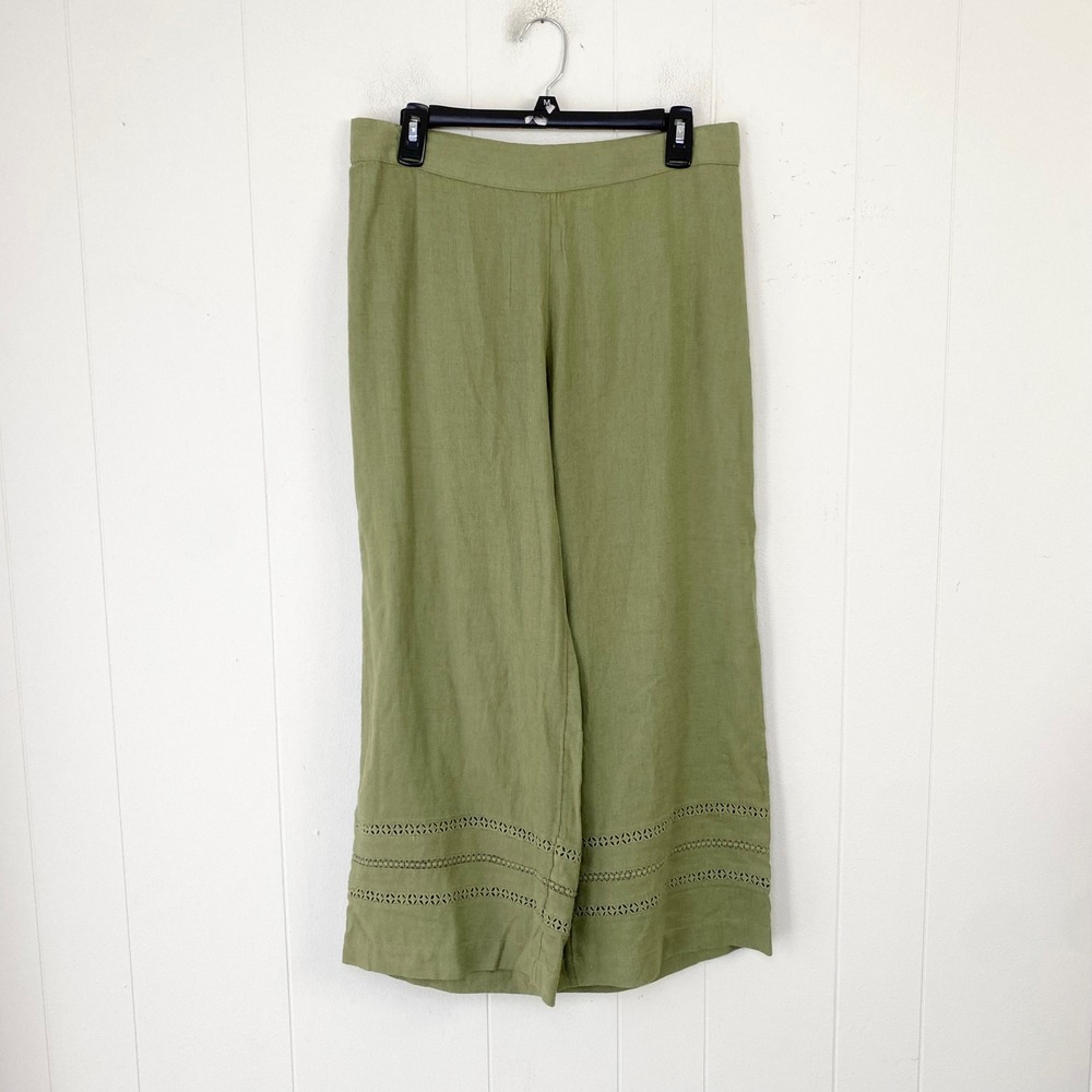 Isaac Mizrahi Live Olive Green Linen Blend Eyelet Crop Pants A512056 Size 10